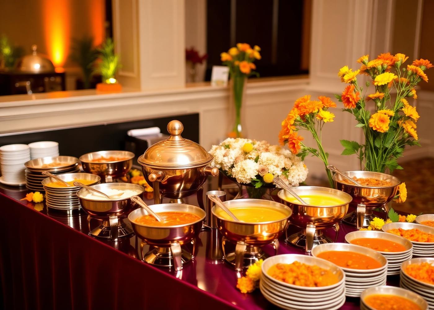 Catering setup with copper serving vessels and marigolds