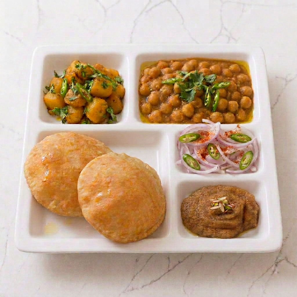 Thali — Puris • Aloo Sabzi • Chole • Sooji Halwa
